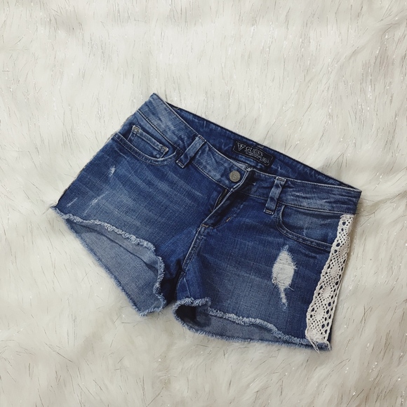 Guess Lace Sides Denim Distressed Shorts - Picture 4 of 8